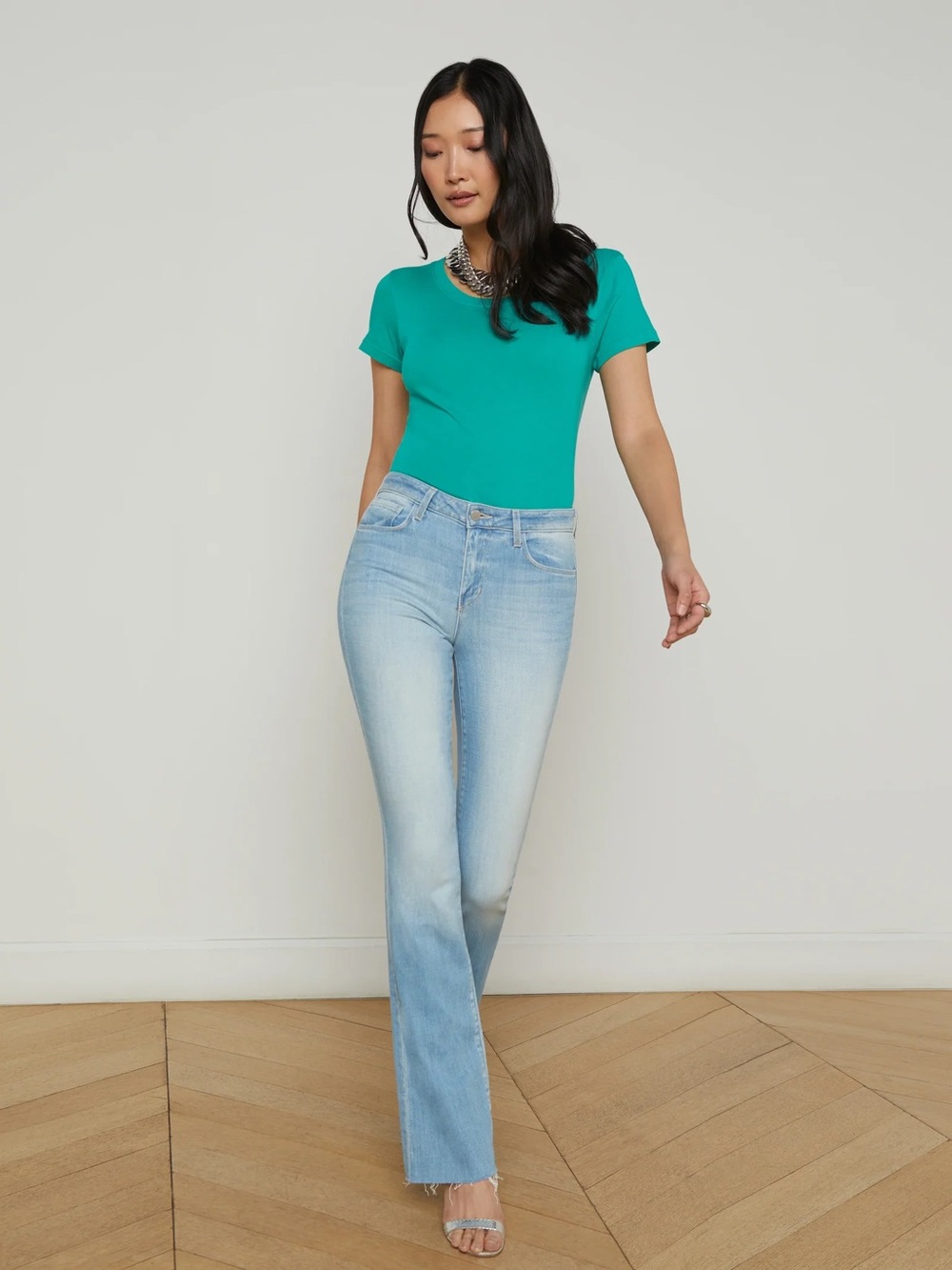 L'AGENCE Ruth High Rise Straight Jeans Essex Light Wash Raw Hem Designer 25